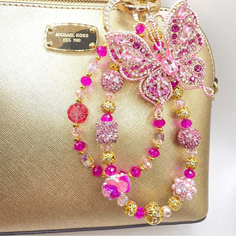 🩷Luxury Bag/Phone Chain Charm/Keychain Pink Rhinestone Butterfly Crystal Beads